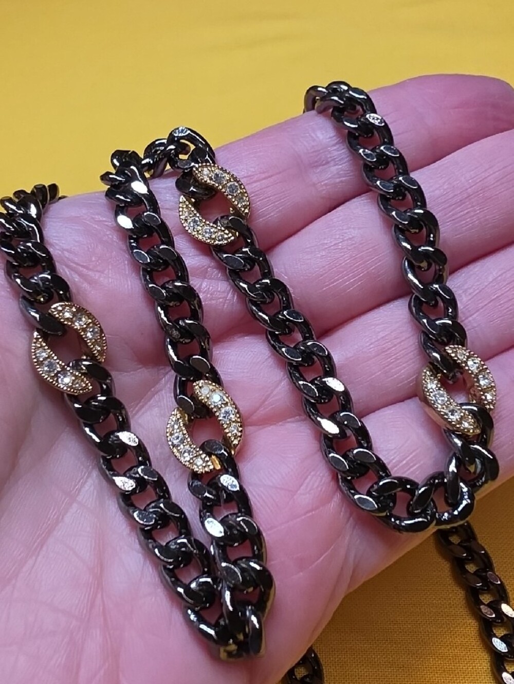 Chunky Black Curb Chain Necklace Gold Crystal Accents 33” Vintage Boutique Heavy